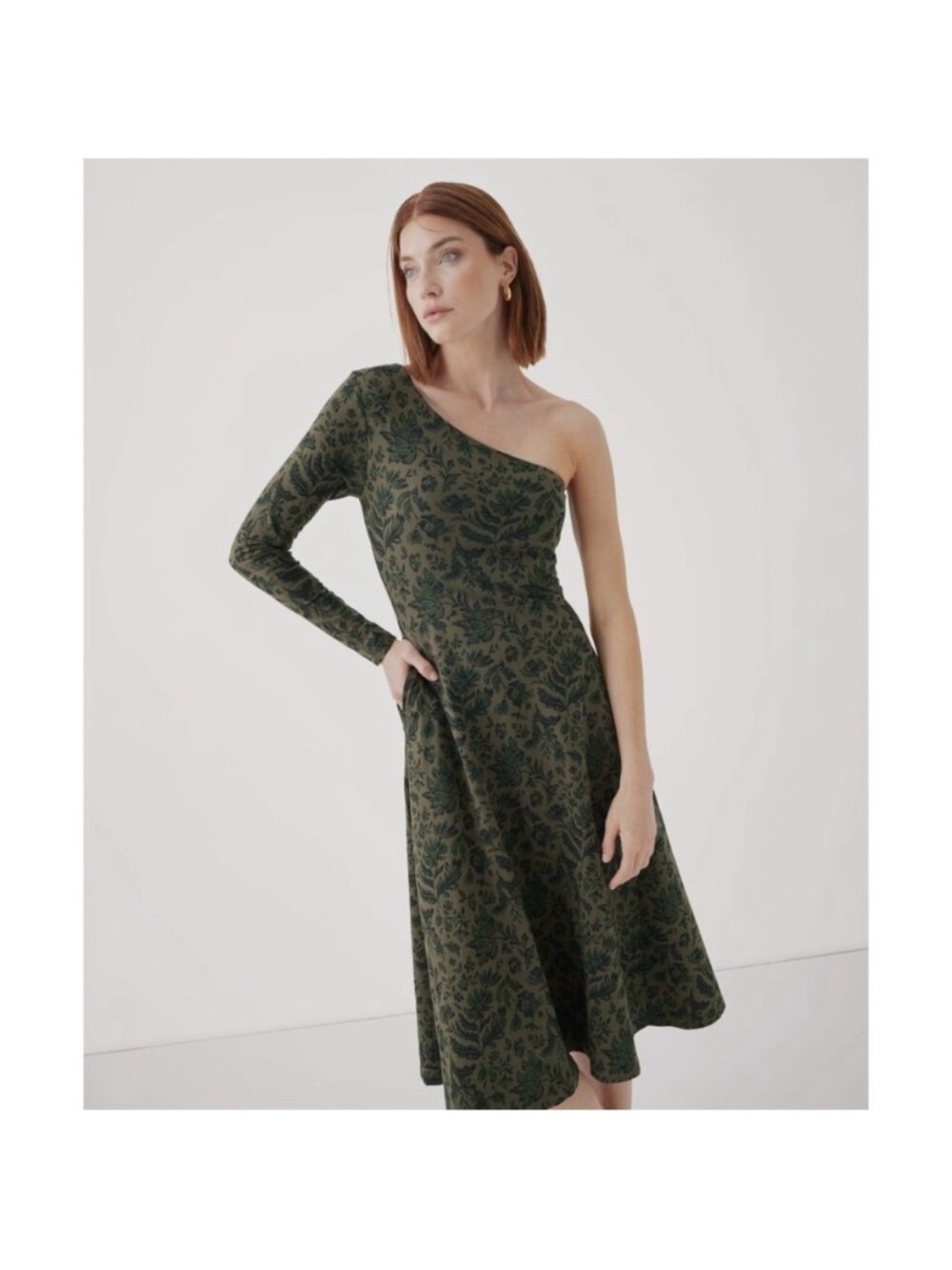 NWT Pact Fit and Flare One-Shoulder Green Floral Dress